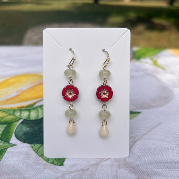 Retro Red Floral Flower Czech Glass Fruit Green Jade Beige Drop Fun Earrings - Picture 1 of 7